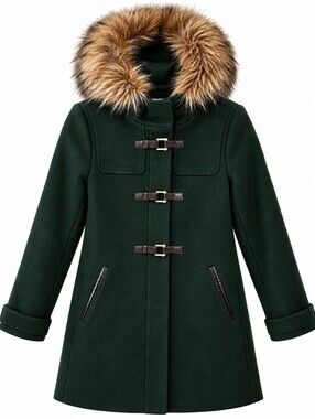 Cole Haan Wool Blend Faux Fur Trim Hooded Coat In Green Size 4